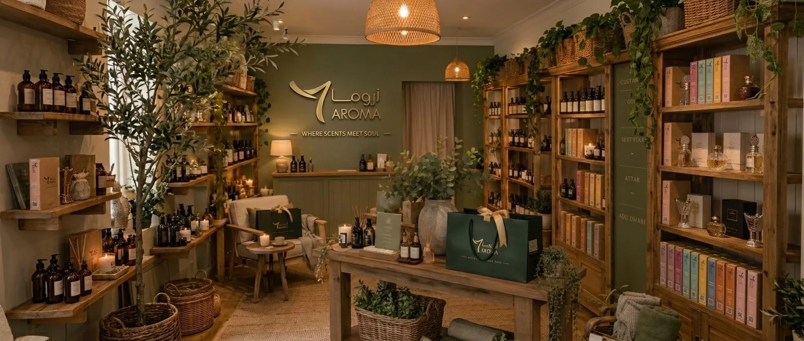 Inside the 7 AROMA shop: deep green walls, oak bookshelves of books and bottles, olive trees and a gold logo on the back wall
